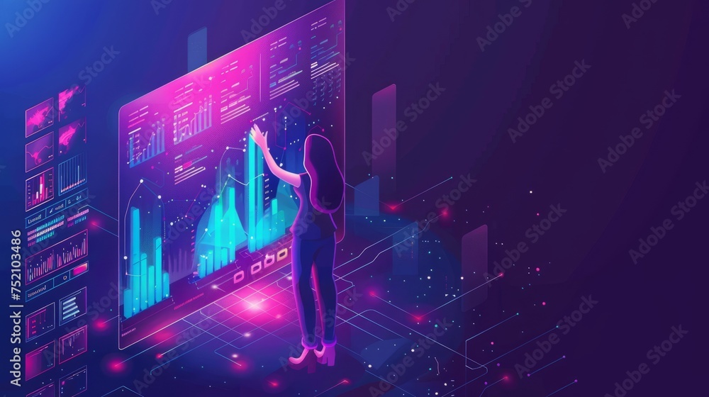 Poster woman engaging with statistical analysis and diagram - isometric vector design for data analysis, ne