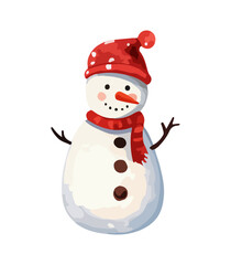 Snowman with a scarf, gloves and hat isolated in a white background in cartoon watercolor style. Flat design. Vector illustration.