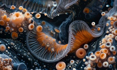 A close up of a sea anemone with orange and white spots. Generative AI.