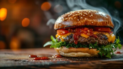 Professional photo shot of a tasty meat burger on a black background.