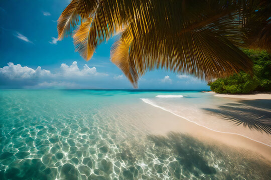 Paesaggio. In riva al mare spiaggia esotica, tropicale con palme. Viaggi e turismo al sole.