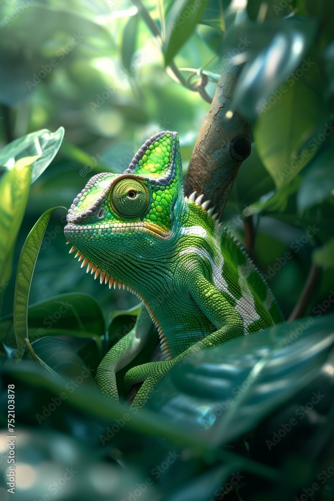 Poster a lizard is sitting on a branch in the middle of a forest. generative ai.