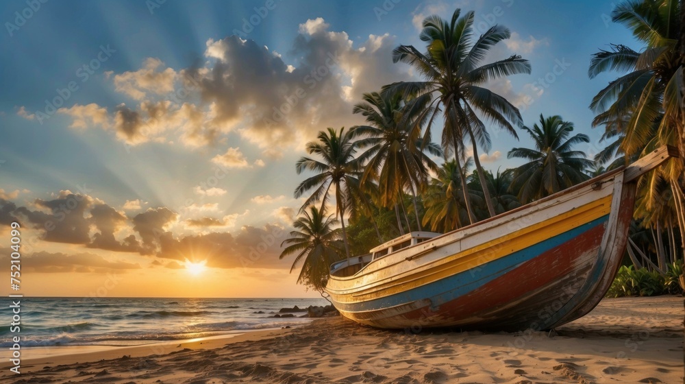 Poster a boat on the beach with palm trees in the background. generative ai.
