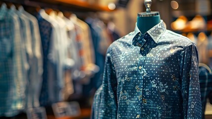 Trendy cotton Men shirt display on mannequin in clothes shop. Summer collection fashion product samples in clothing store for selling. Textile industry and business - obrazy, fototapety, plakaty