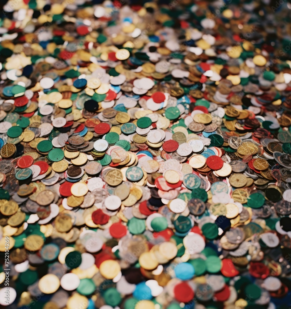 Poster a pile of coins and other small objects on a table. generative ai.