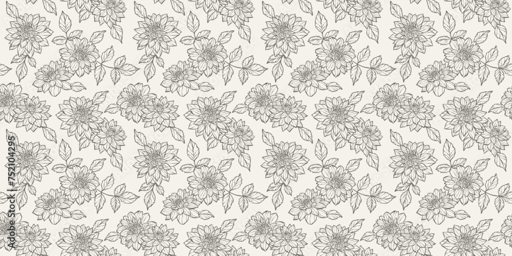 Poster vintage dahlia vector pattern, seamless repeating flower backgorund, elegant daisy print design