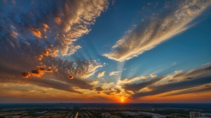 A view of a sunset over a city with clouds in the sky. Generative AI.