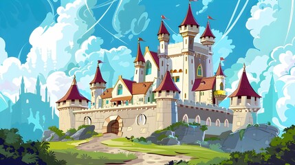 illustration for majestic castle. Royal palace in medieval times. - obrazy, fototapety, plakaty