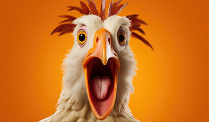 Shocked chicken is isolated on a orange background, looks into the camera and yells