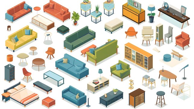 isometric home furniture set. Domestic and office furniture and equipment. Sofas, chairs, tables, lamps, cabinets, beds and stools