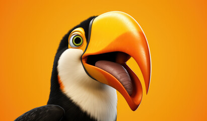 Head shot of a Toucan toco on orange a background