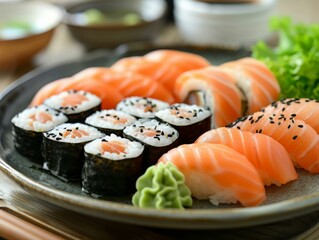 A plate of sushi with salmon and other types of fish. Generative AI.