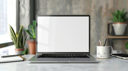 Minimalist workspace desk with laptop and supplies, copy space, business concept, blank screen laptop, office essentials - Powered by Adobe