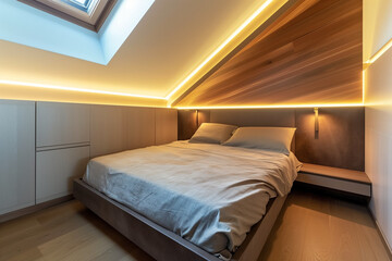 Modern bedroom with a bed and bedside lamps and led lights, in the style of intersecting planes