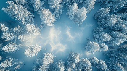 trees covered in snow from above, forrest 