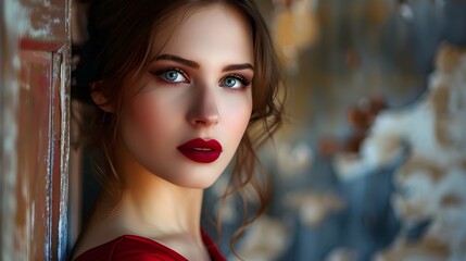 Young beautiful attractive and captivating woman in a red dress and with lipstick looking serious
