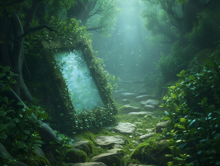 magic mirror in a forest - fantasy illustration background - genrative ai - obrazy, fototapety, plakaty