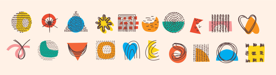 Obraz premium Abstract Graphic Elements in Minimal Trendy Style. Hand drawn doodle shapes, spots, drops, curves, lines for creating patterns, Invitations, posters, cards, social media posts