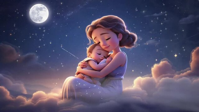 Celestial Lullabies: A Mother's Embrace Under the Moonlight. 4K Lullaby Video Background