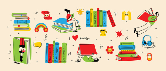 World Book Day graphics - book week events. Modern flat vector concept illustration of reading people, young man reading book flying in the sky in retro style - obrazy, fototapety, plakaty