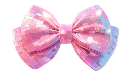 Pink bow as a disco ball, covered in small mirrored tiles, retro style 3d illustration, isolated on white background