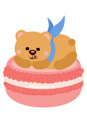Cute greedy teddy bear on top of macaron