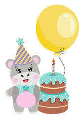 Obraz na płótnie Canvas Cute hippo with balloon and happy birthday cake