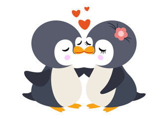 Loving and cute penguin couple kissing