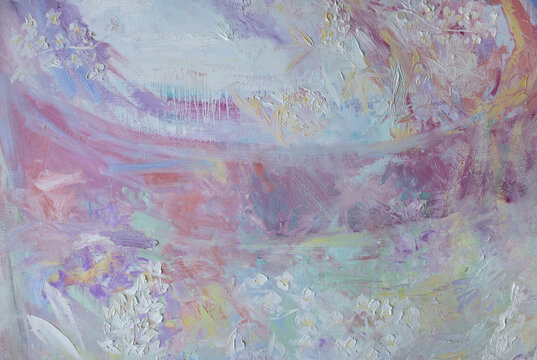 Abstract pastel color soaring flowers background. Palette knife and brush strokes paint texture. Fictional cloud cover and implicit pink wall.