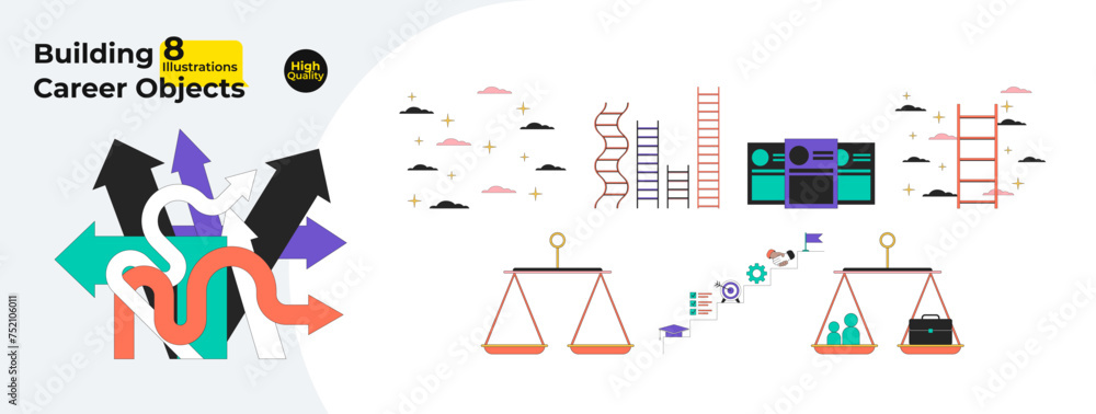 Poster building career 2d linear cartoon objects bundle. scales balance, ladders isolated line vector items