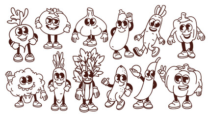Groovy cartoon vegetable characters set. Funny retro food mascots with cute faces, cartoon monochrome vegetable caricatures and comic stickers collection of 70s 80s style vector illustration