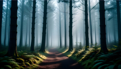 A foggy forest with mysterious shadows