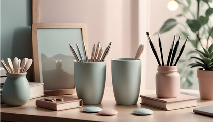 Aesthetic desk accessories in muted pastel colors