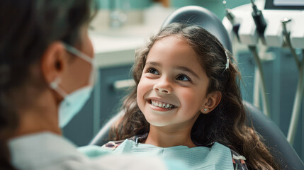 Fototapeta premium Little cute smiling girl is sitting in dental chair in clinic, office. Doctor is preparing for examination of child teeth with tools. Visiting dentist with children. Dental clinic promotion