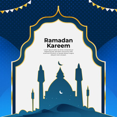 Ramadan design with blue gradient mosque, ribbon, and night scene