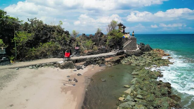 Aerial view of Batu Bolong Temple in Lombok, Indonesia
