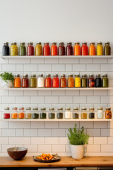 Minimalist, open shelves displaying an array of colorful spices against a backdrop of white subway tiles.
