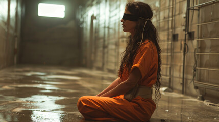 woman kneeling in prison, wearing orange prisoner uniform and black blindfold