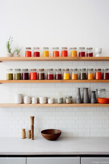 Minimalist, open shelves displaying an array of colorful spices against a backdrop of white subway tiles.