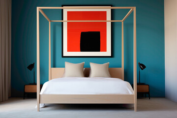 Minimalist sophistication in a bedroom setting, an empty frame providing contrast against a wall painted in bold, dramatic colors.