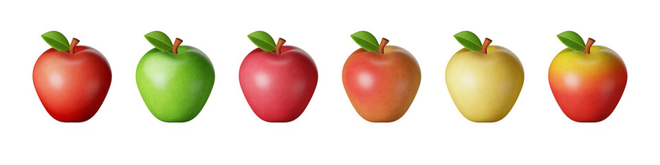 3d illustration of a set of 6 types and colors of whole piece apples isolated on transparent background