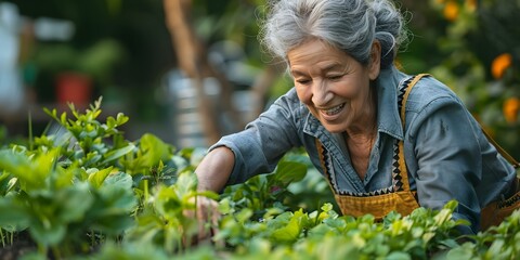 Active senior woman enjoys tending to her garden as a therapeutic hobby. Concept Gardening for Health, Senior Wellness, Therapy Activities - obrazy, fototapety, plakaty