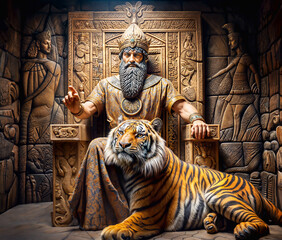 Ancient sumerian king resting in his throne in the company of a tamed tiger. Digital art. - obrazy, fototapety, plakaty