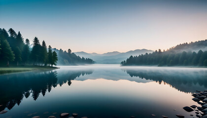 Misty morning over a tranquil lake