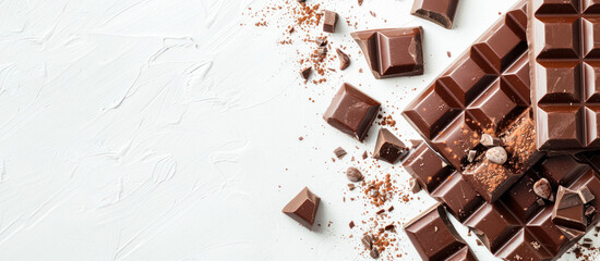 Milk chocolate bar, cocoa beans and broken chocolate pieces on white background banner. Top view,...