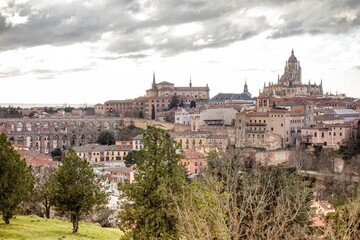 Panoramic view of Segovia from which we can see the Cathedral and the famous aqueduct of the city...