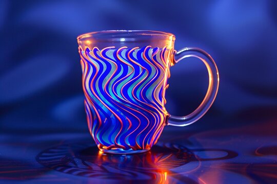 a glass mug with a blue and red design