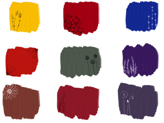 Set of mixed media shapes with flowers and marks. Elements for decoration. 