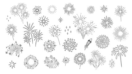 Fireworks burst line icons set. Thin black outline silhouette of starburst or sun with light rays and sparks, fireworks explosion monochrome icons, festive party element collection vector illustration - obrazy, fototapety, plakaty