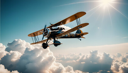 Vintage biplane soaring through a cloud-filled sky